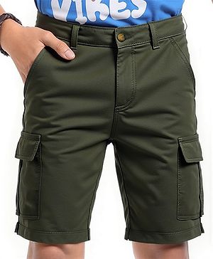 Pine Kids Cotton Elastane Woven Above Knee Length Solid Color Shorts - Olive Green