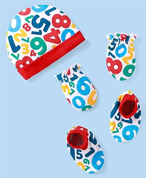 Babyhug Interlock Knit Cap Mittens And Booties Set with Text Prints White - Diameter 12 cm