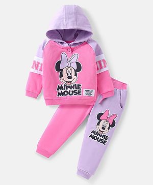 Babyhug Disney Terry Knit Full Raglan Sleeves Hooded Sweatshirt & Lounge Pant with Minnie Mouse Graphics - Pink & Lilac