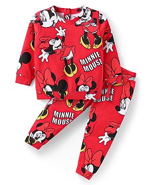 Babyhug Disney Terry Knit Full Sleeves Sweatshirt & Lounge Pant Set with Minnie Mouse - Red