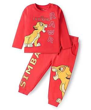 Babyhug Disney Single Jersey Knit Full Sleeves T-Shirt & Lounge Pant Set With Lion King Graphics - Red