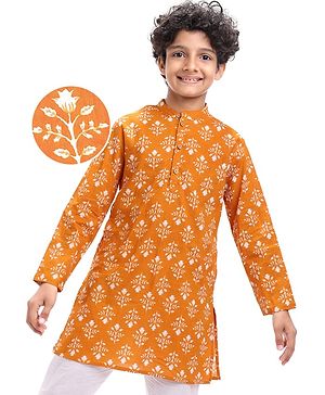 Pine Kids Cotton Woven Full Sleeves Floral Printed Kurta - Orange