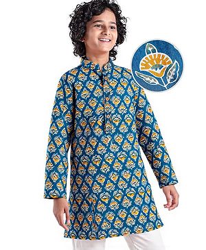 Pine Kids Cotton Woven Full Sleeves Ajrakh Floral Printed Kurta - Navy Blue