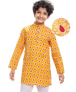 Pine Kids Cotton Woven Full Sleeves Kurta with Floral Print - Mustard Yellow