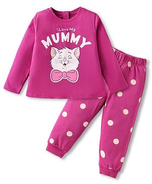 Babyhug Disney Single Jersey Knit Full Sleeves Night Suit with Aristocats Marie Print - Dark Pink