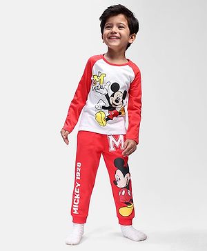 Babyhug Disney Single Jersey Knit Full Raglan Sleeves T-Shirt & Lounge Pant Set With Mickey Mouse Graphics - Red & White