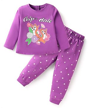Babyhug Disney Single Jersey Knit Full Sleeves Night Suit with Chip N Dale Print - Purple