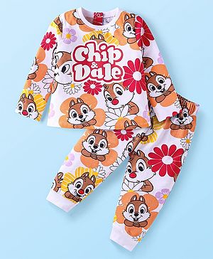 Babyhug Disney Cotton Knit Full Sleeves Night Suit With Chip n Dale Graphics - Light Orange