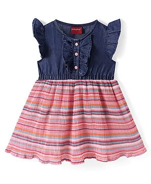Babyhug Cotton Woven Frill Sleeves Striped Frock With Frill Detailing - Blue & Red