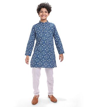 Pine Kids Cotton Woven Full Sleeves Kurta & Pyjama Set with Floral Print - Navy Blue
