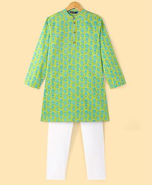 Pine Kids Cotton Woven Full Sleeves Kurta Pyjama Set with Floral Print - Lime Green