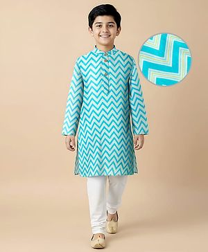 Pine Kids Cotton Woven Full Sleeves Kurta & Pyjama Set with  Print - Light Blue