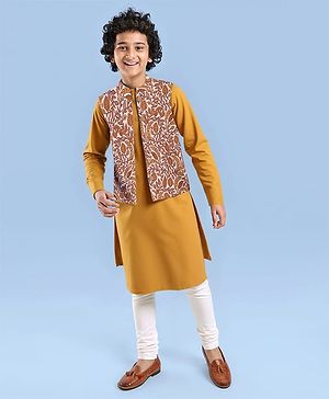 Pine Kids Cotton Woven Full Sleeves Kurta & Pyjama Set With Floral Printed Jacket - Mustard