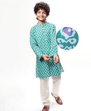 Pine Kids Cotton Woven Full Sleeves Floral Print Kurta Pyjama Set - Teal Blue