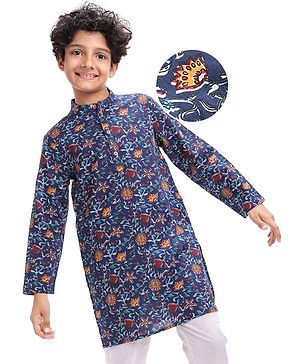 Pine Kids Cotton Woven Full Sleeves Kurta with Floral Print - Navy Blue