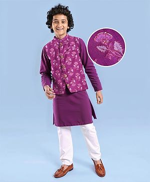 Pine Kids Cotton Woven Full Sleeves Kurta Pajama Set With Floral Printed Jacket- Purple