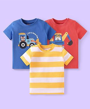 Babyhug Cotton Knit Half Sleeves T-Shirts with Stripes & Vehicle Print Pack of 3 - Blue Red & White