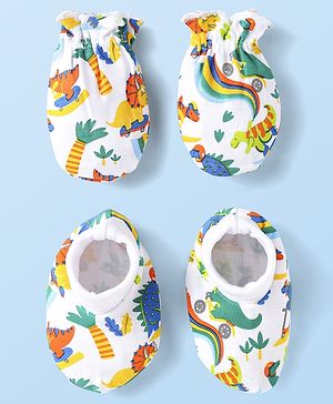 Babyhug 100% Cotton Interlock Knit Mittens & Booties Set With Dino Print - White
