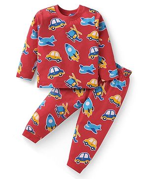 Babyhug Cotton Knit Full Sleeves Aeroplane & Car Printed Night Suit - Red
