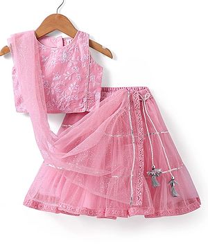 Babyhug  Sleeveless Net Embroidered Lehenga Choli and Dupatta Set- Pink