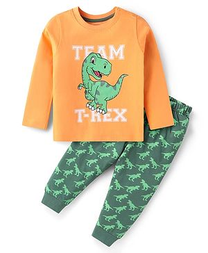 Babyhug Cotton Woven Full Sleeves Night Suit with Dino Print - Orange & Green