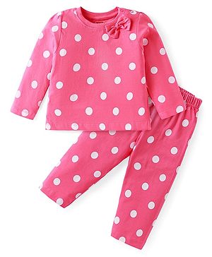 Babyhug Cotton Knit Full Sleeves Night Suit With Bow & Polka Dots Print - Dark Pink