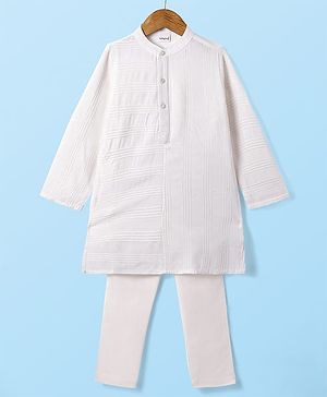 Babyhug Cotton Woven Full Sleeves Solid Self  Embroidered Kurta Pyjama Set - White
