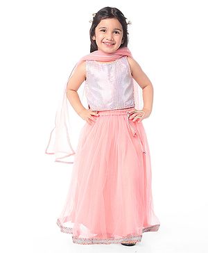 Babyhug Woven Sleeveless Sequined  Choli Lehenga & Dupatta Set- Pink