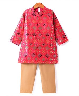 Babyhug Cotton Woven Full Sleeves Kurta Pyjama Set With Hand Block Print - Dark Pink