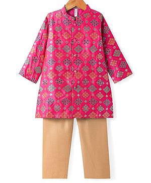 Babyhug Cotton Woven Full Sleeves Front Open Foil Printed Pyjama Kurta Set - Dark Pink