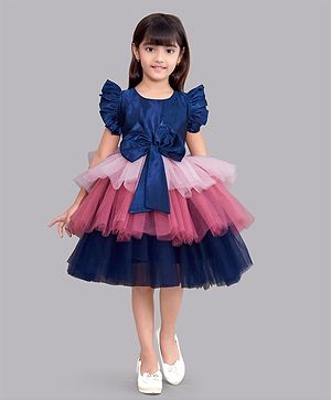 PinkChick Frill Sleeves Bow Applique Detailed & Colour Blocked Layered Dress - Navy Blue