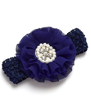 Bhoomi Collection Floral Designed & Rhinestones Embellished Headband - Navy Blue