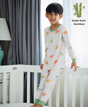 THE PLUSH CLUB Bamboo Cotton Woven Full Sleeves Dinosaurs Printed Night Suit Set - Green