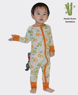 THE PLUSH CLUB Bamboo Cotton Full Sleeves Dinosaurs Printed Zipper Romper - Orange