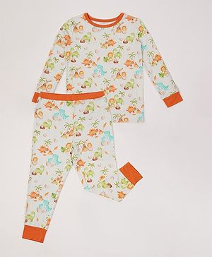 THE PLUSH CLUB Bamboo Cotton Woven Full Sleeves Dinosaurs Printed Night Suit Set - Orange