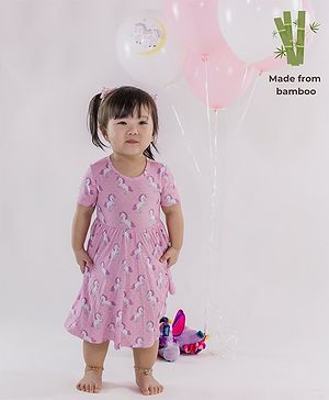 THE PLUSH CLUB Bamboo Cotton Half Sleeves Unicorn & Polka Dots Printed Dress - Pink