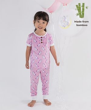 THE PLUSH CLUB Bamboo Cotton Woven Full Sleeves Unicorn & Polka Dots Printed Night Suit Set - Pink