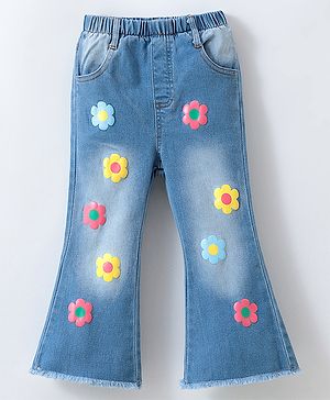 Mark & Mia Full Length Washed Boot Cut Denim Jeans With Floral Applique - Blue