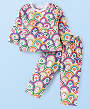 Babyhug Cotton Knit Full Sleeves Night Suit with Floral Print - Yellow Purple & Green