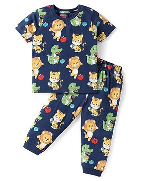 Babyhug Cotton Knit Half Sleeves Night Suit With Animals Print - Navy