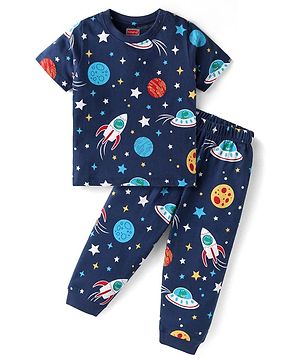 Babyhug Cotton Knit Half Sleeves Night Suit With Space Theme Print - Navy