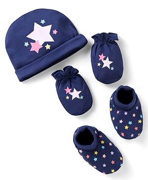 Babyhug 100% Cotton Knit Cap Mittens & Booties With Star Print Navy Blue - Diameter 10 cm