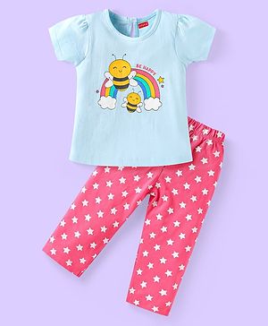 Babyhug Cotton Knit Half Sleeves Night Suit With Stars & Bees Print - Sky Blue & Pink