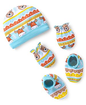 Babyhug 100% Cotton Knit Cap Mittens & Booties With Animal Print Multicolor - Diameter 9 cm