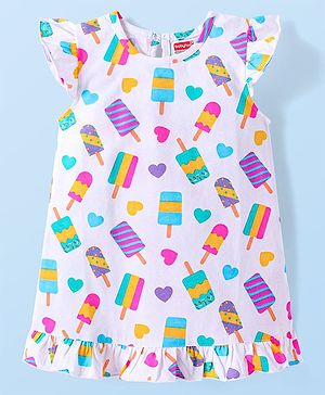 Babyhug Cotton Knit Frill Sleeves Ice Cream Printed Nighty - White