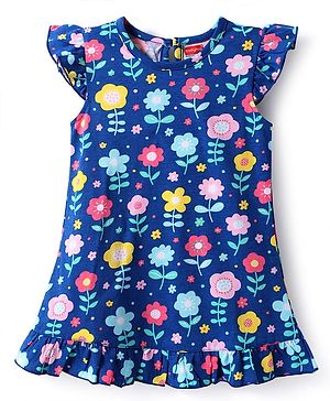 Babyhug Velour Knit Cap Sleeves Floral Printed Nighty with Frill Detailing - Navy Blue