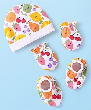 Babyhug 100% Cotton Knit Cap Mittens & Booties With Fruit Print White - Diameter 9 cm