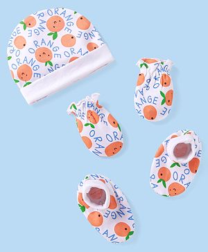 Babyhug 100% Cotton Cap Mittens & Booties Set With Orange Print - White