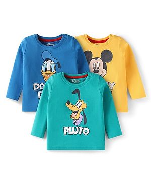 Babyhug Disney Single Jersey Knit Full Sleeves T-Shirts with Mickey Mouse & Friends Graphics Pack of 3 - Green Yellow & Blue