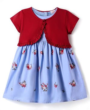 Babyhug Cotton Woven Half Sleeves Shrug with Floral Embroidered Frock - Red & Blue